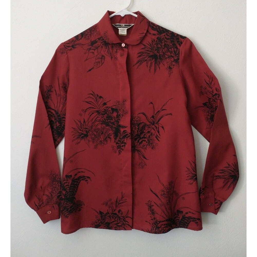 VTG Alex Colman Floral Leaves Palm Shirt Button Womens 70's Sz 8 Red Old Money